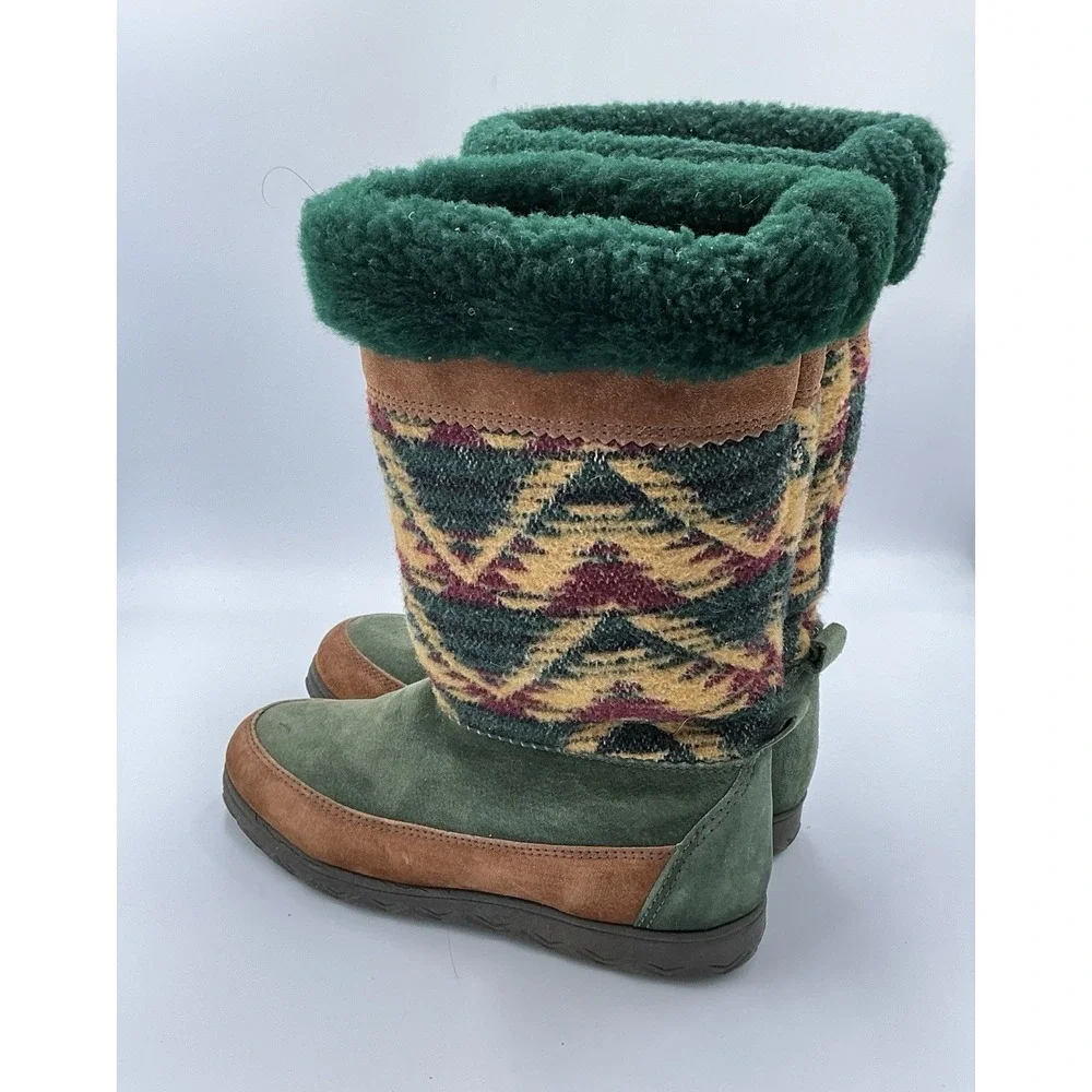 Vintage Cougar Apres Ski Boots Made In Canada Size 6 Medium Green Maroon & Tan